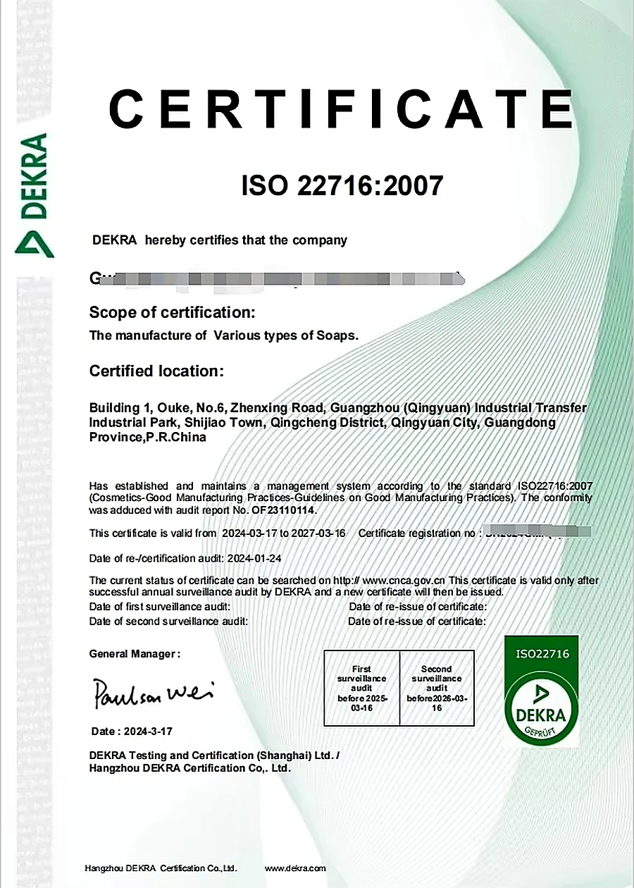 ISO 22716 DEKRA certificate sample